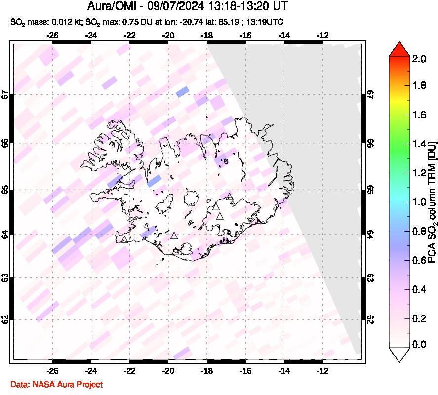 A sulfur dioxide image over Iceland on Sep 07, 2024.