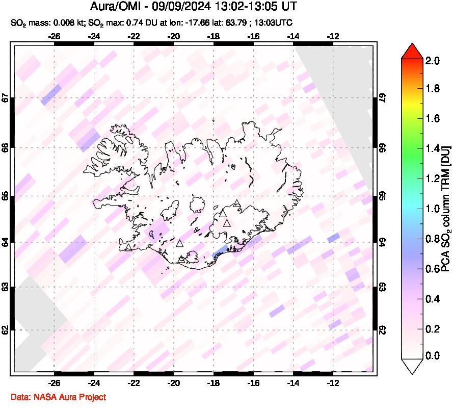 A sulfur dioxide image over Iceland on Sep 09, 2024.