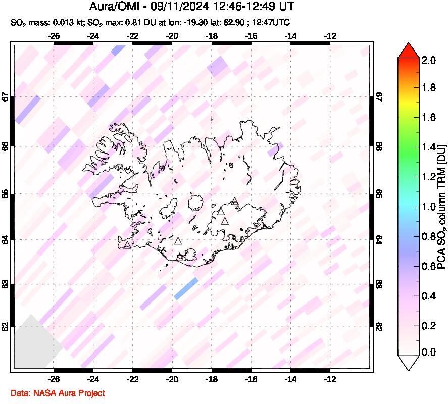 A sulfur dioxide image over Iceland on Sep 11, 2024.