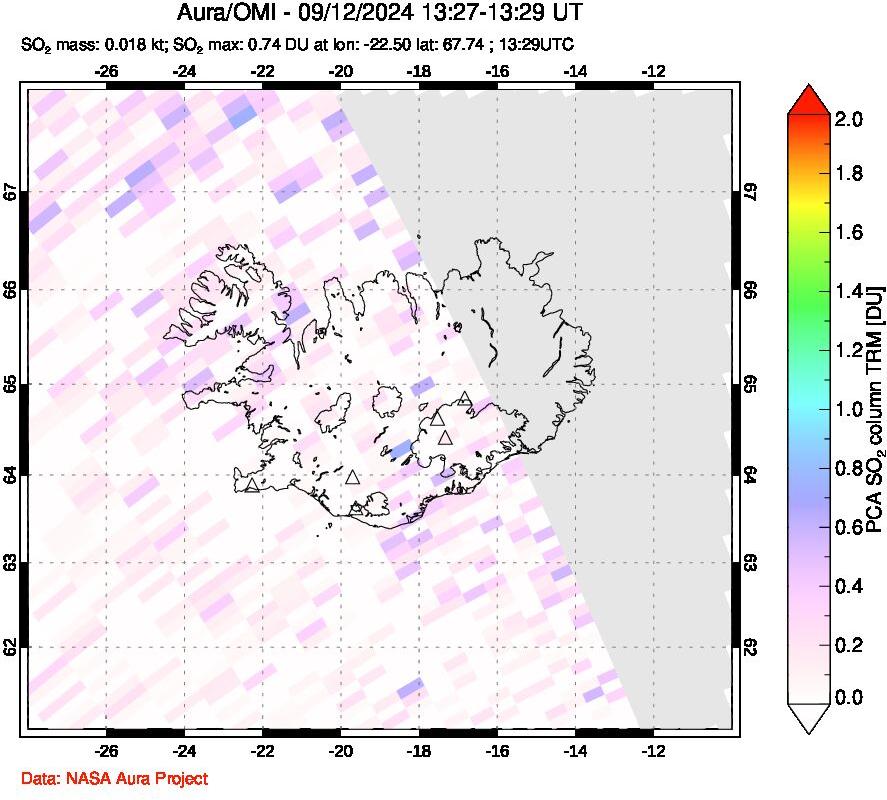 A sulfur dioxide image over Iceland on Sep 12, 2024.