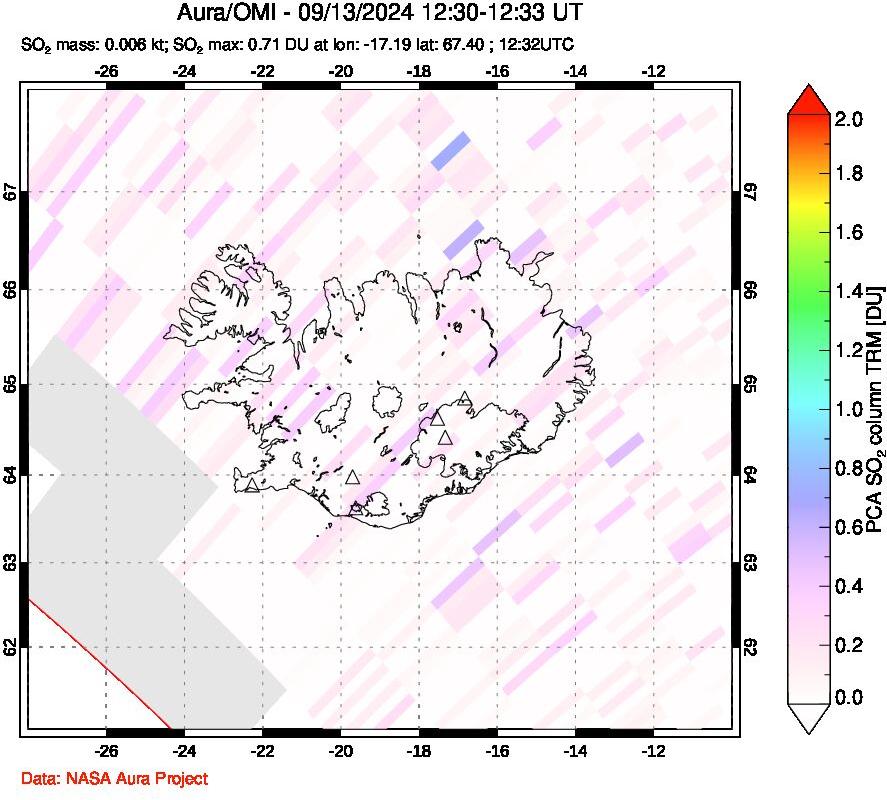 A sulfur dioxide image over Iceland on Sep 13, 2024.