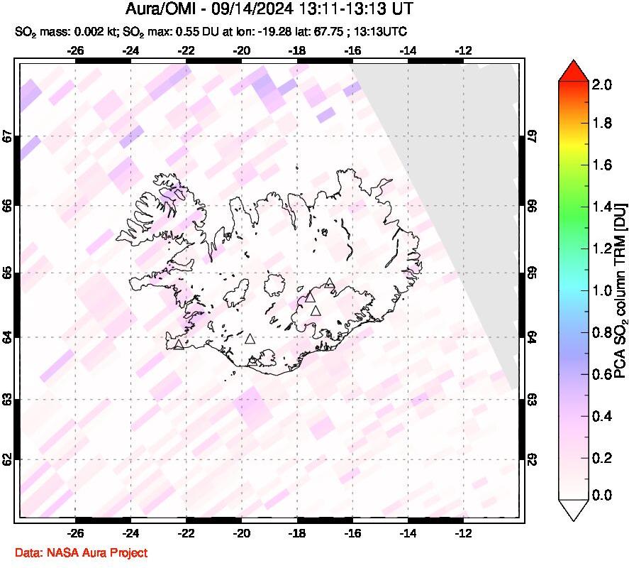 A sulfur dioxide image over Iceland on Sep 14, 2024.