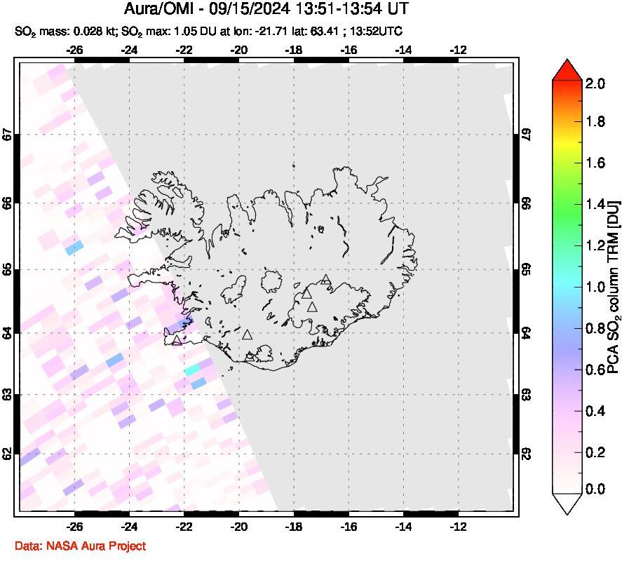 A sulfur dioxide image over Iceland on Sep 15, 2024.