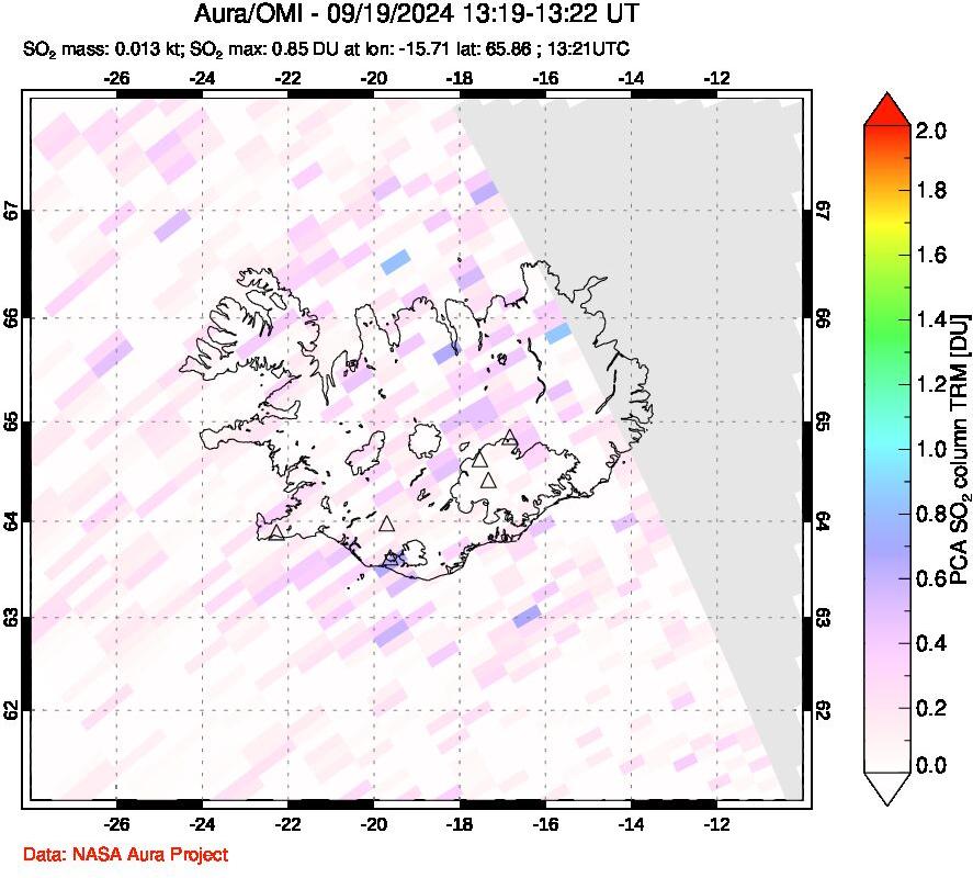 A sulfur dioxide image over Iceland on Sep 19, 2024.