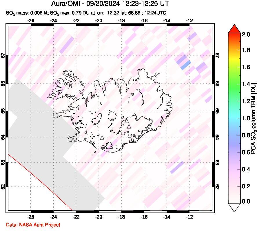 A sulfur dioxide image over Iceland on Sep 20, 2024.