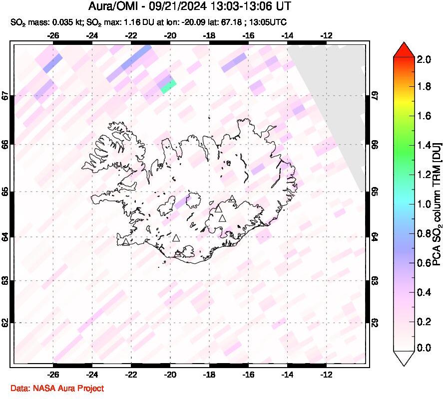 A sulfur dioxide image over Iceland on Sep 21, 2024.