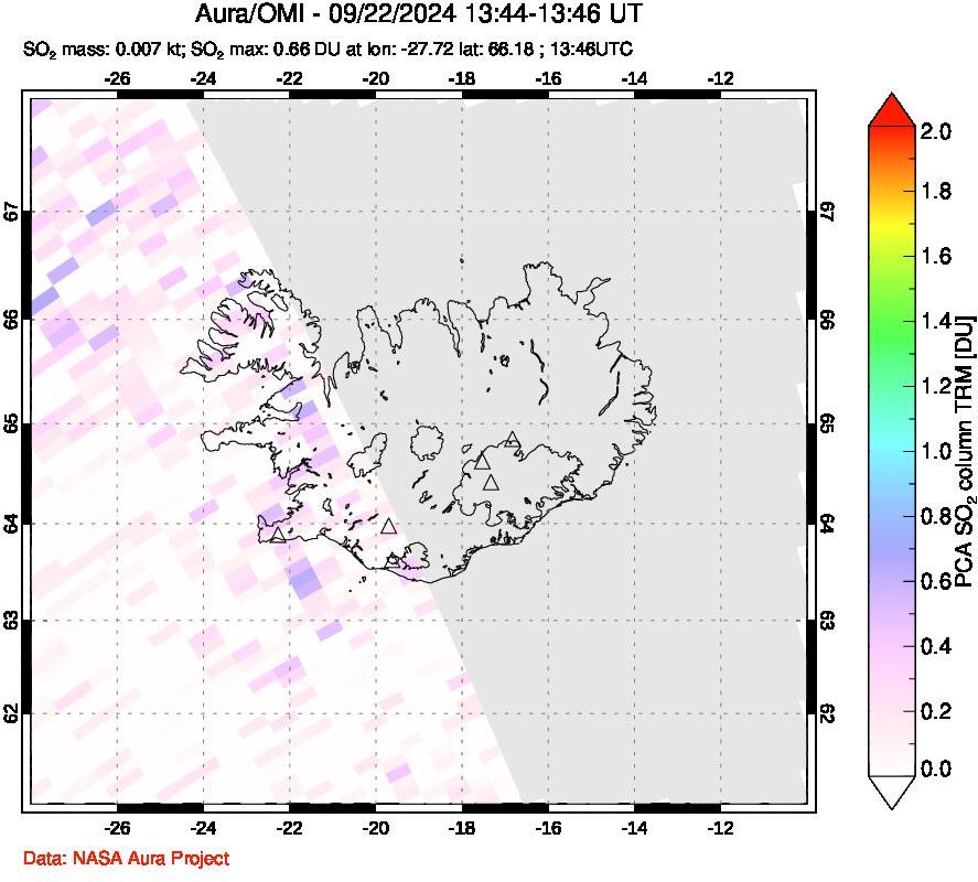 A sulfur dioxide image over Iceland on Sep 22, 2024.