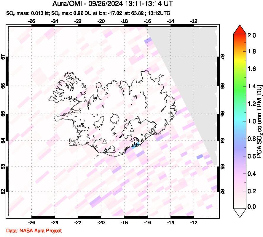 A sulfur dioxide image over Iceland on Sep 26, 2024.