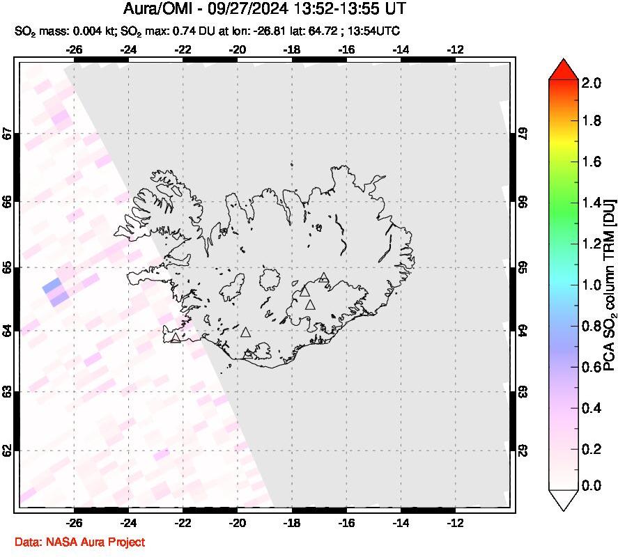 A sulfur dioxide image over Iceland on Sep 27, 2024.