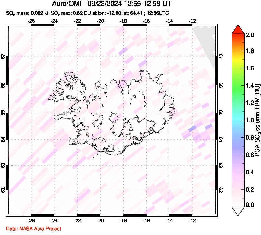 A sulfur dioxide image over Iceland on Sep 28, 2024.