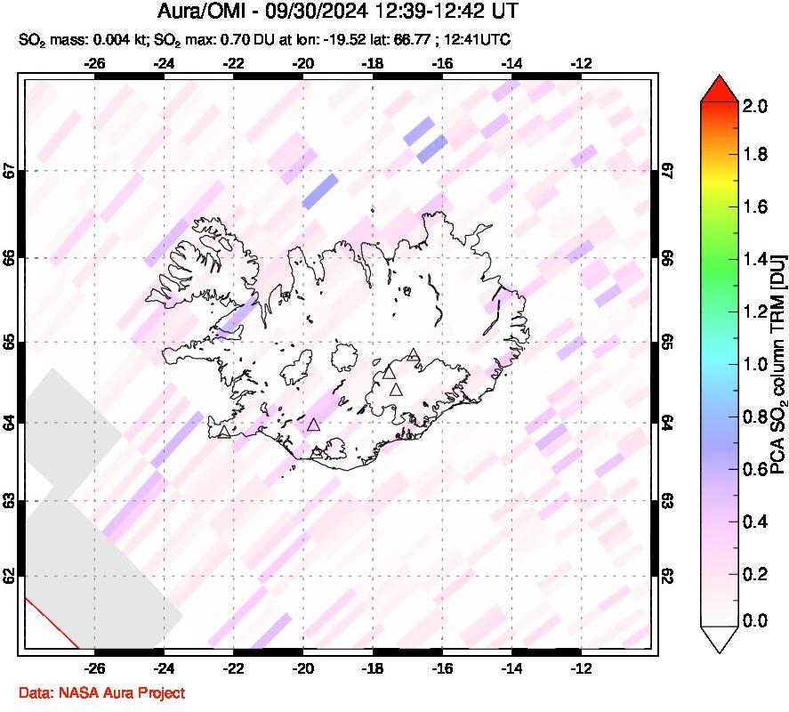 A sulfur dioxide image over Iceland on Sep 30, 2024.