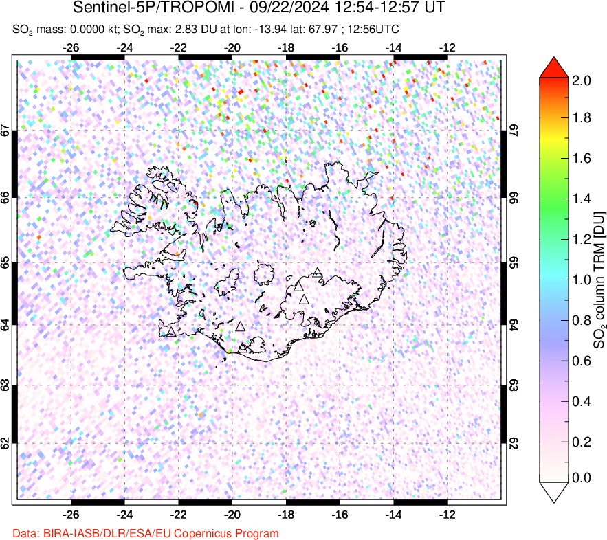 A sulfur dioxide image over Iceland on Sep 22, 2024.