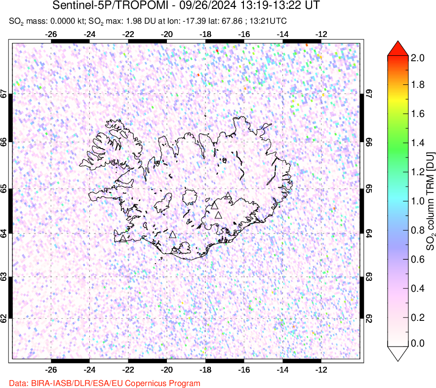 A sulfur dioxide image over Iceland on Sep 26, 2024.