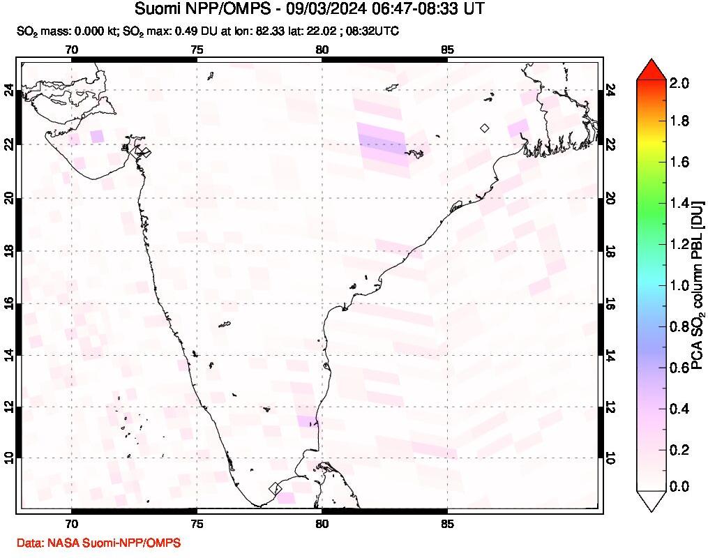 A sulfur dioxide image over India on Sep 03, 2024.