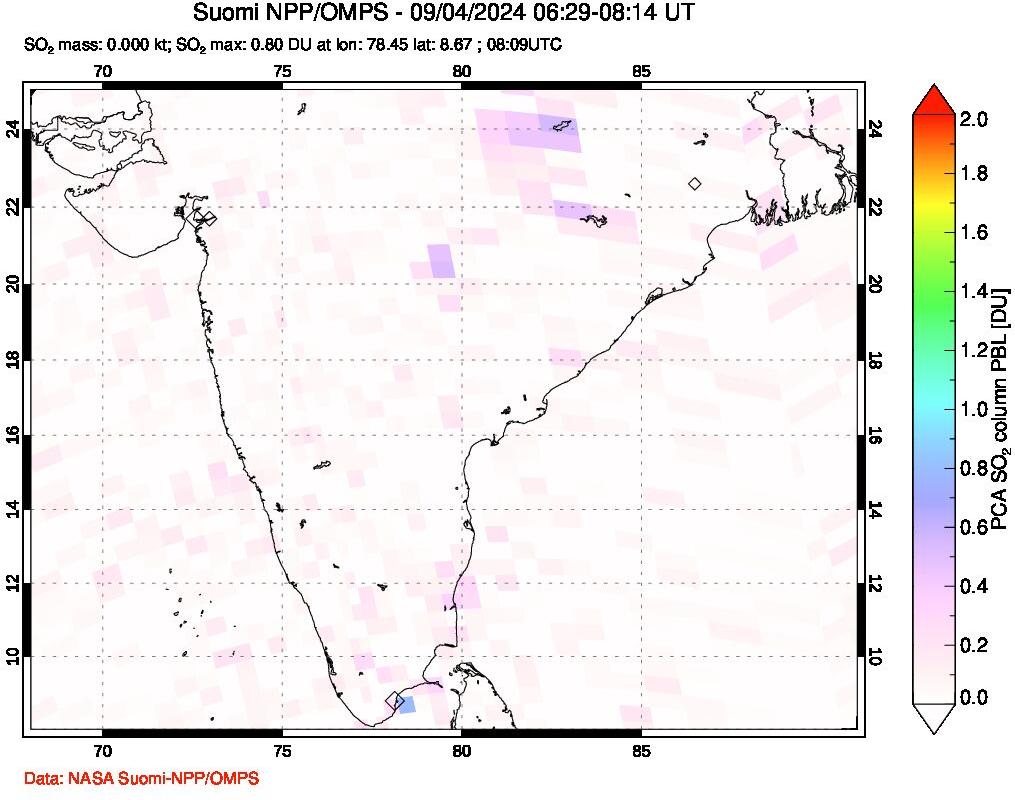 A sulfur dioxide image over India on Sep 04, 2024.