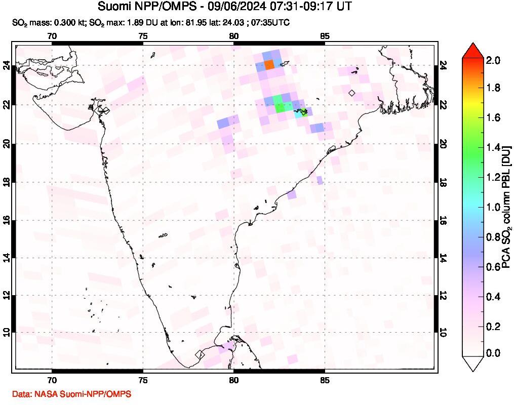 A sulfur dioxide image over India on Sep 06, 2024.