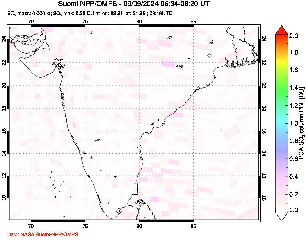 A sulfur dioxide image over India on Sep 09, 2024.