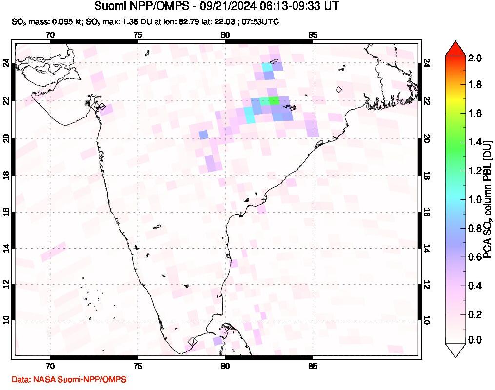 A sulfur dioxide image over India on Sep 21, 2024.