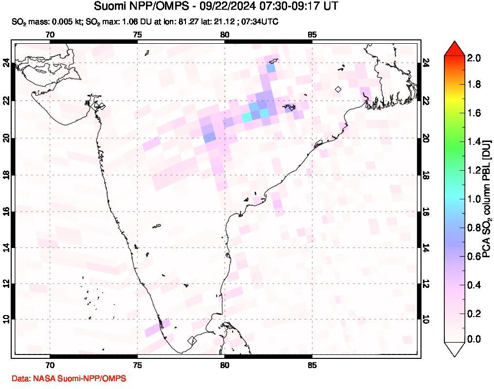 A sulfur dioxide image over India on Sep 22, 2024.