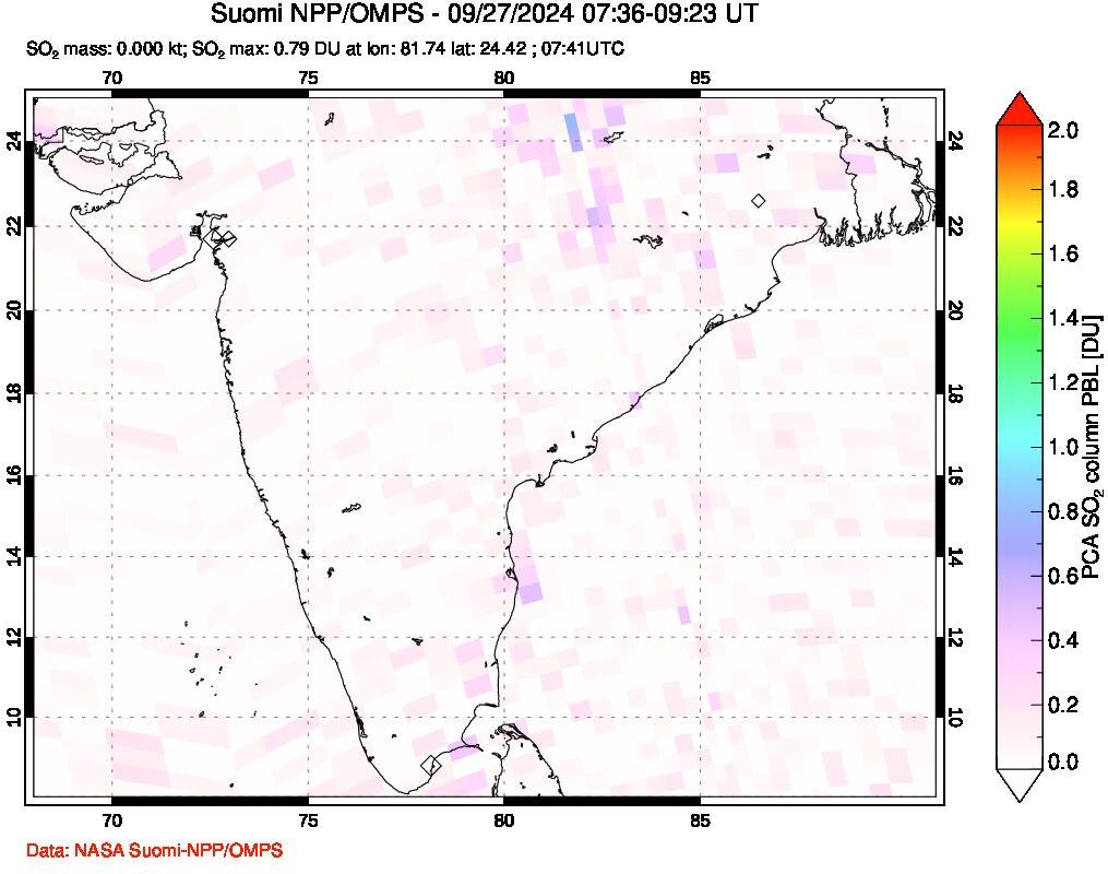 A sulfur dioxide image over India on Sep 27, 2024.