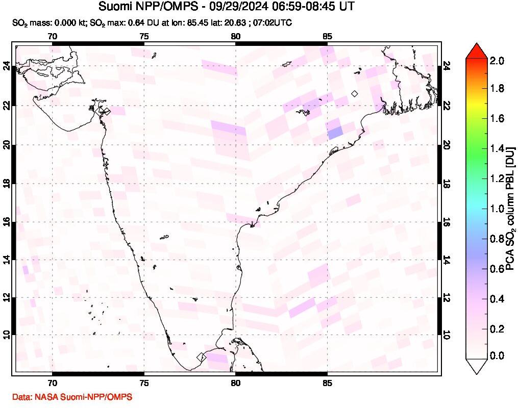 A sulfur dioxide image over India on Sep 29, 2024.