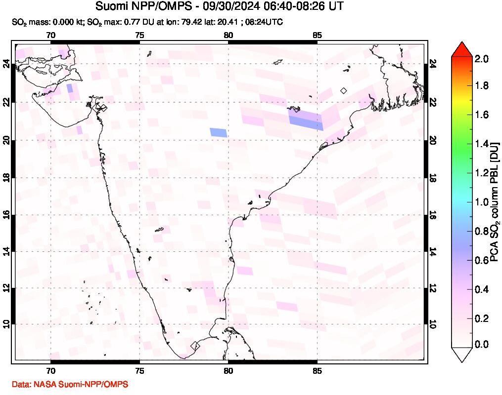 A sulfur dioxide image over India on Sep 30, 2024.