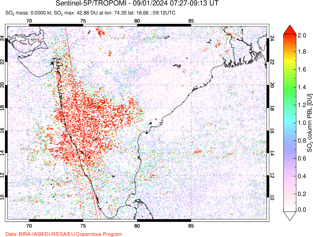 A sulfur dioxide image over India on Sep 01, 2024.