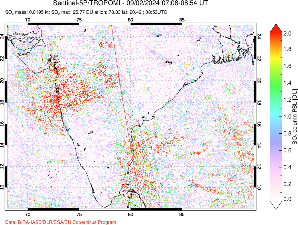 A sulfur dioxide image over India on Sep 02, 2024.