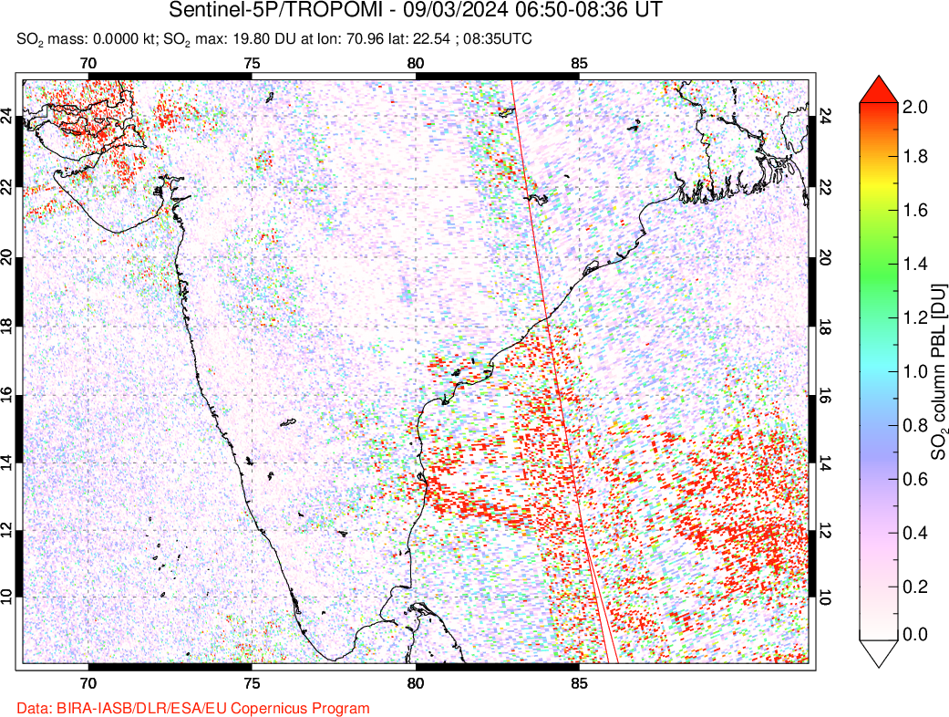 A sulfur dioxide image over India on Sep 03, 2024.