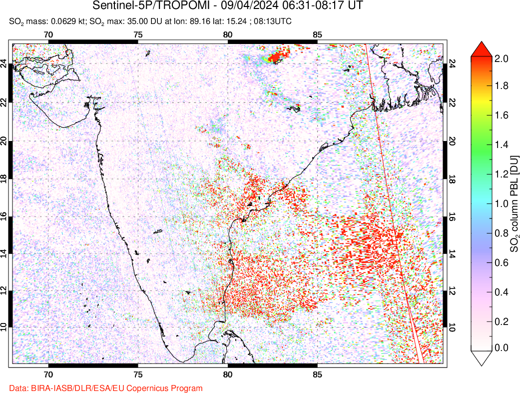 A sulfur dioxide image over India on Sep 04, 2024.