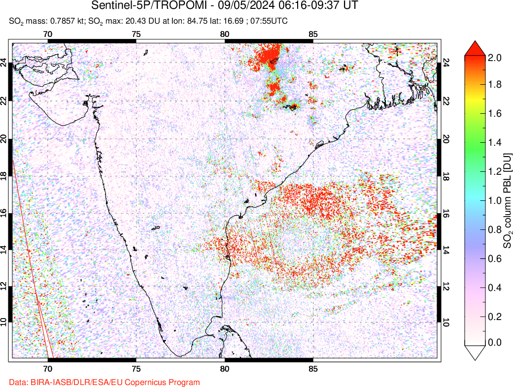 A sulfur dioxide image over India on Sep 05, 2024.