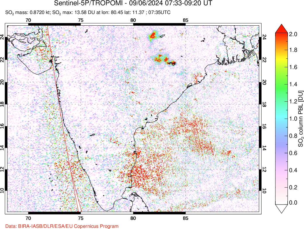 A sulfur dioxide image over India on Sep 06, 2024.