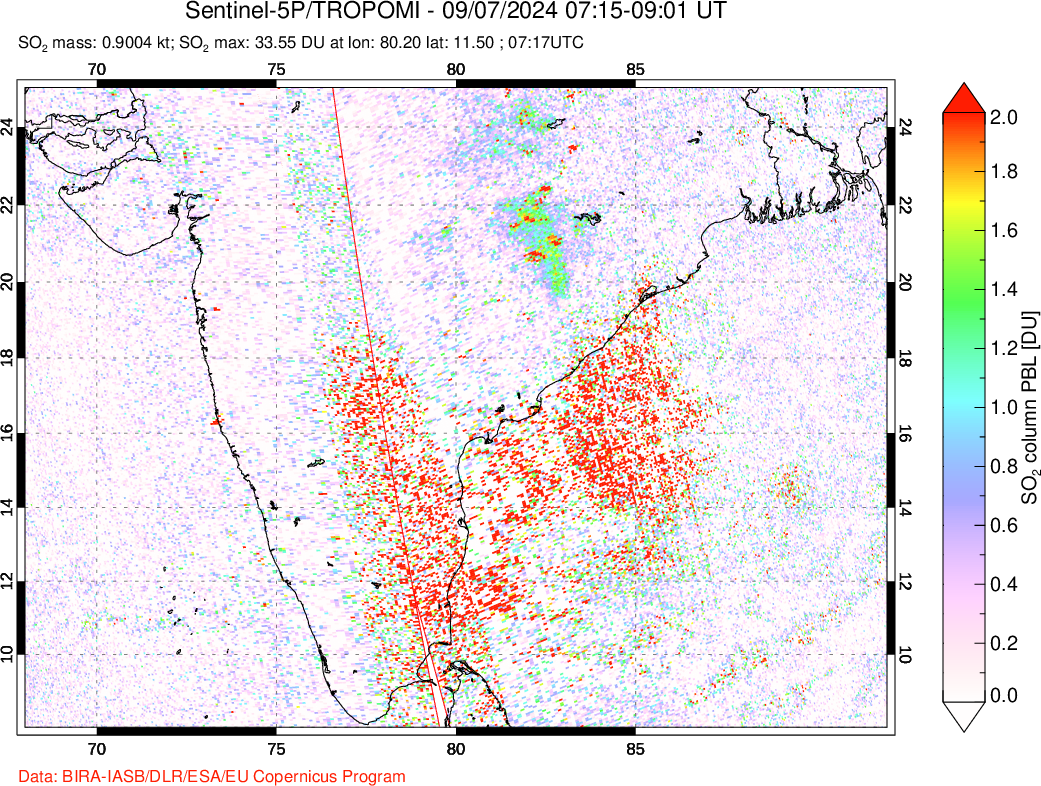 A sulfur dioxide image over India on Sep 07, 2024.