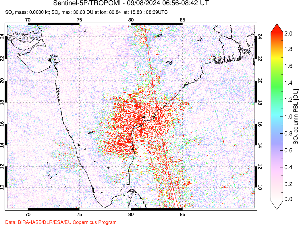 A sulfur dioxide image over India on Sep 08, 2024.