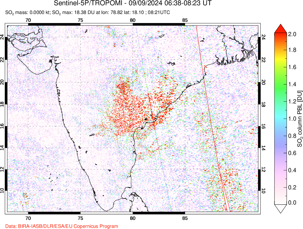 A sulfur dioxide image over India on Sep 09, 2024.