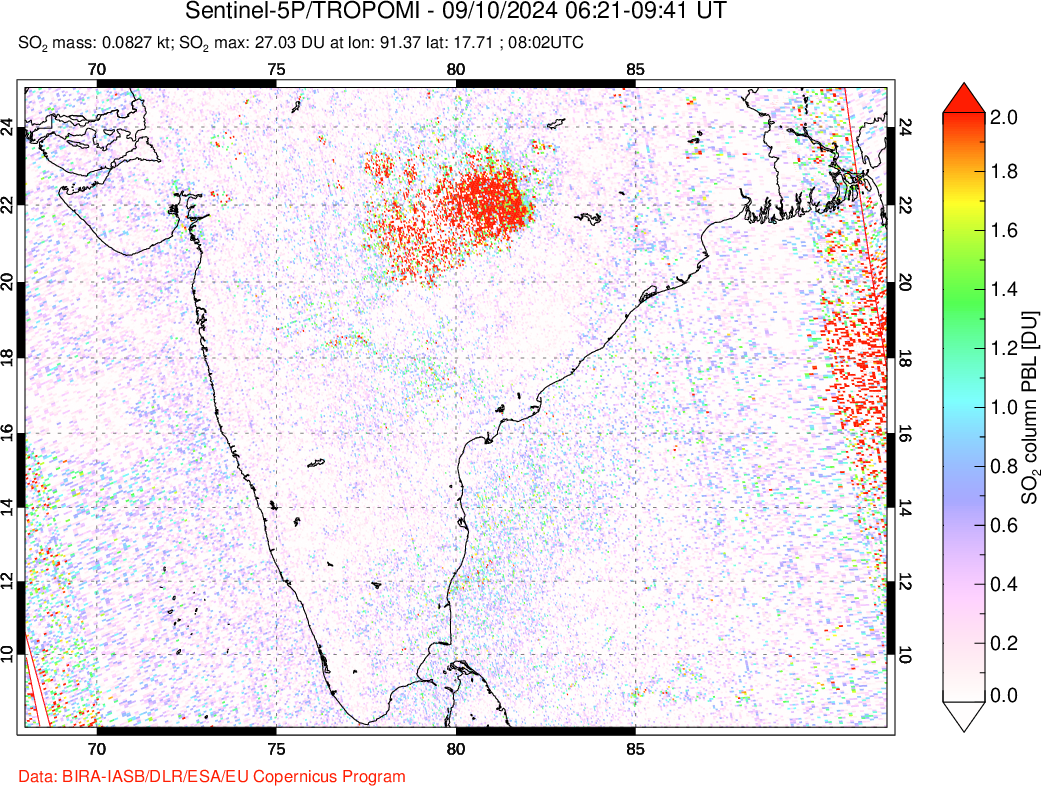 A sulfur dioxide image over India on Sep 10, 2024.