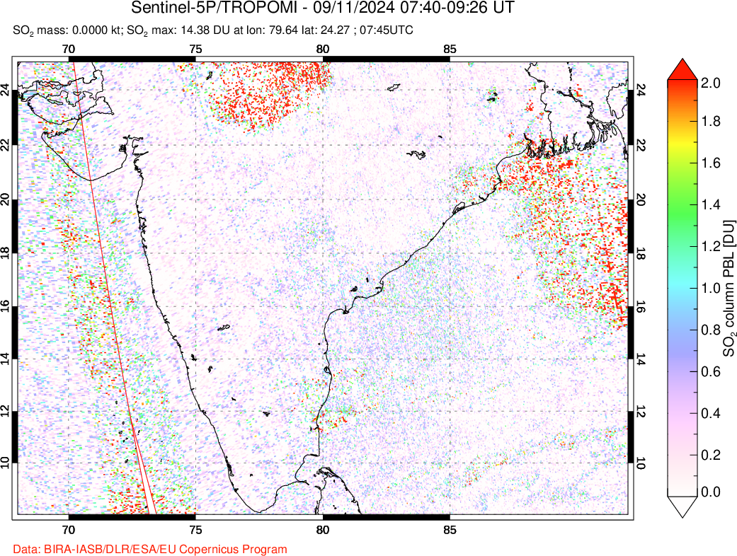 A sulfur dioxide image over India on Sep 11, 2024.