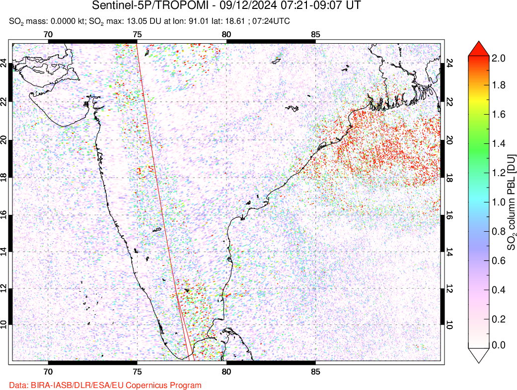 A sulfur dioxide image over India on Sep 12, 2024.