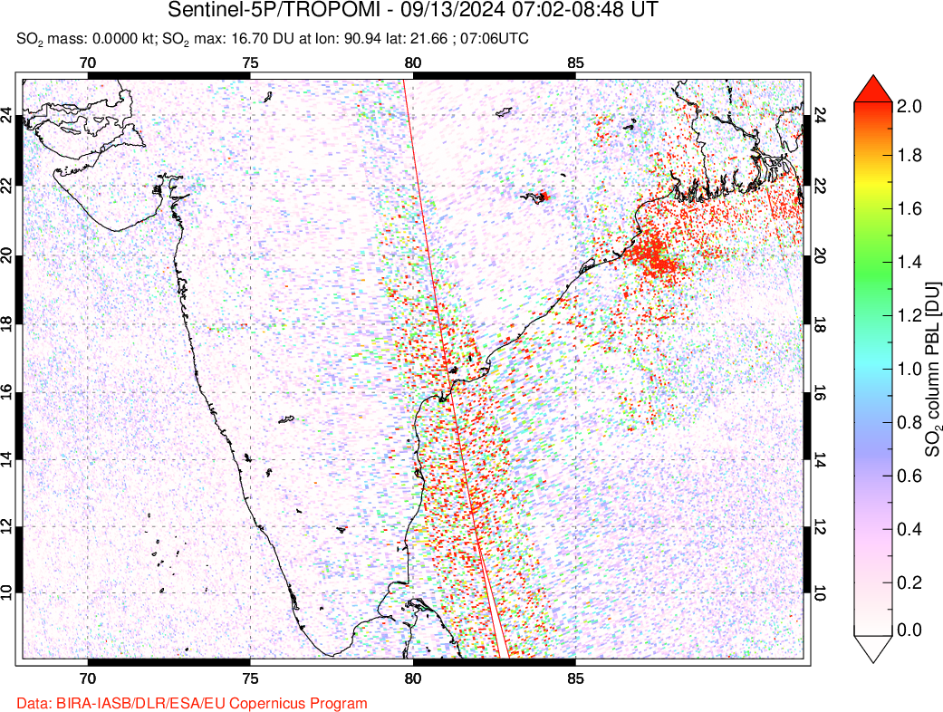 A sulfur dioxide image over India on Sep 13, 2024.