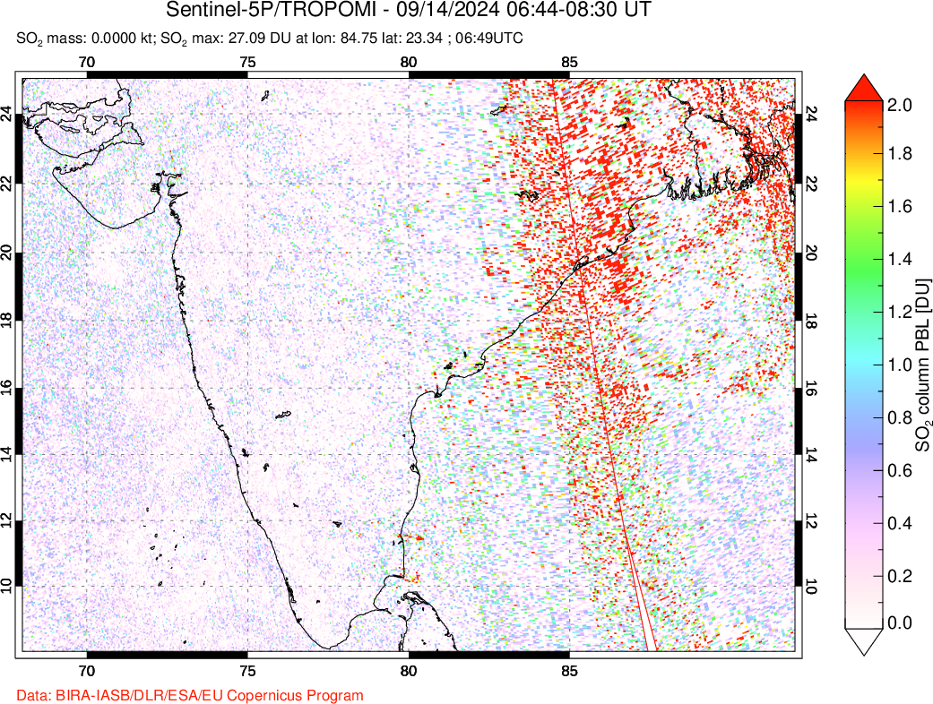 A sulfur dioxide image over India on Sep 14, 2024.