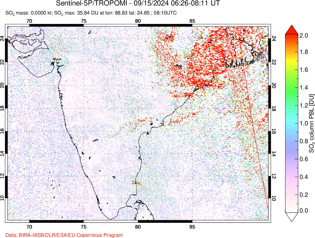 A sulfur dioxide image over India on Sep 15, 2024.