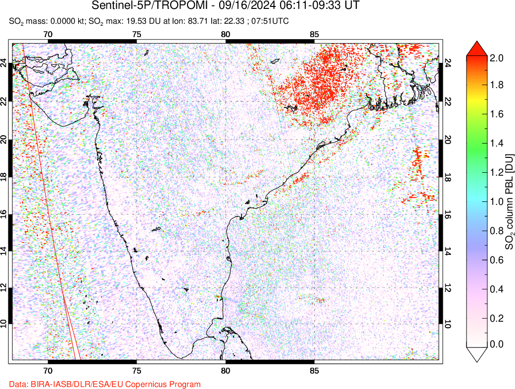 A sulfur dioxide image over India on Sep 16, 2024.