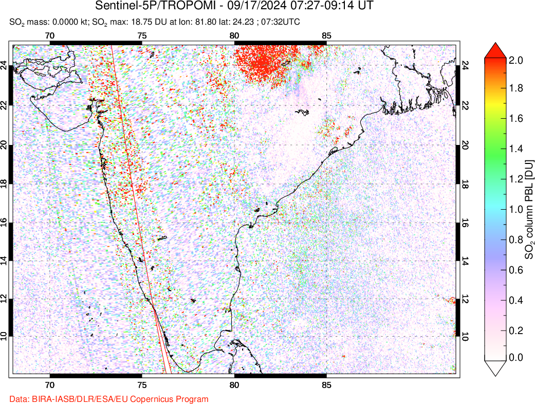 A sulfur dioxide image over India on Sep 17, 2024.