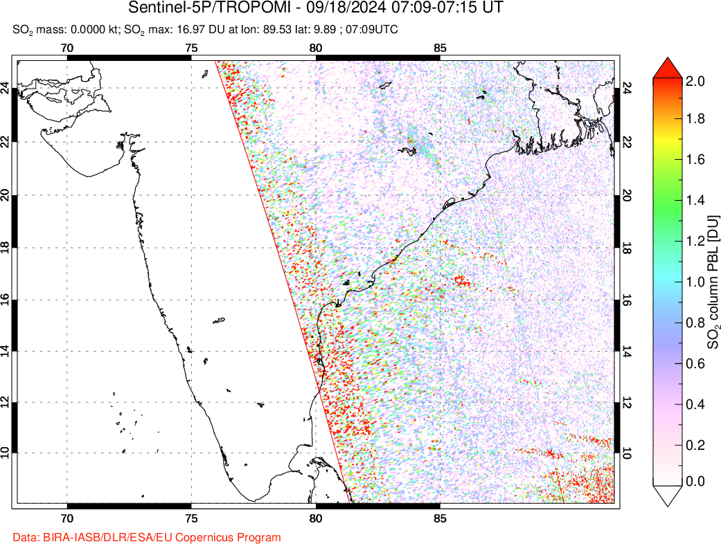 A sulfur dioxide image over India on Sep 18, 2024.