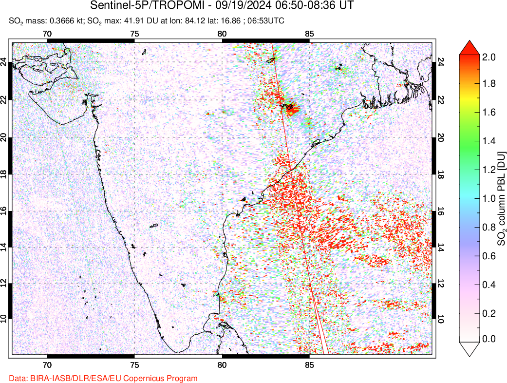 A sulfur dioxide image over India on Sep 19, 2024.