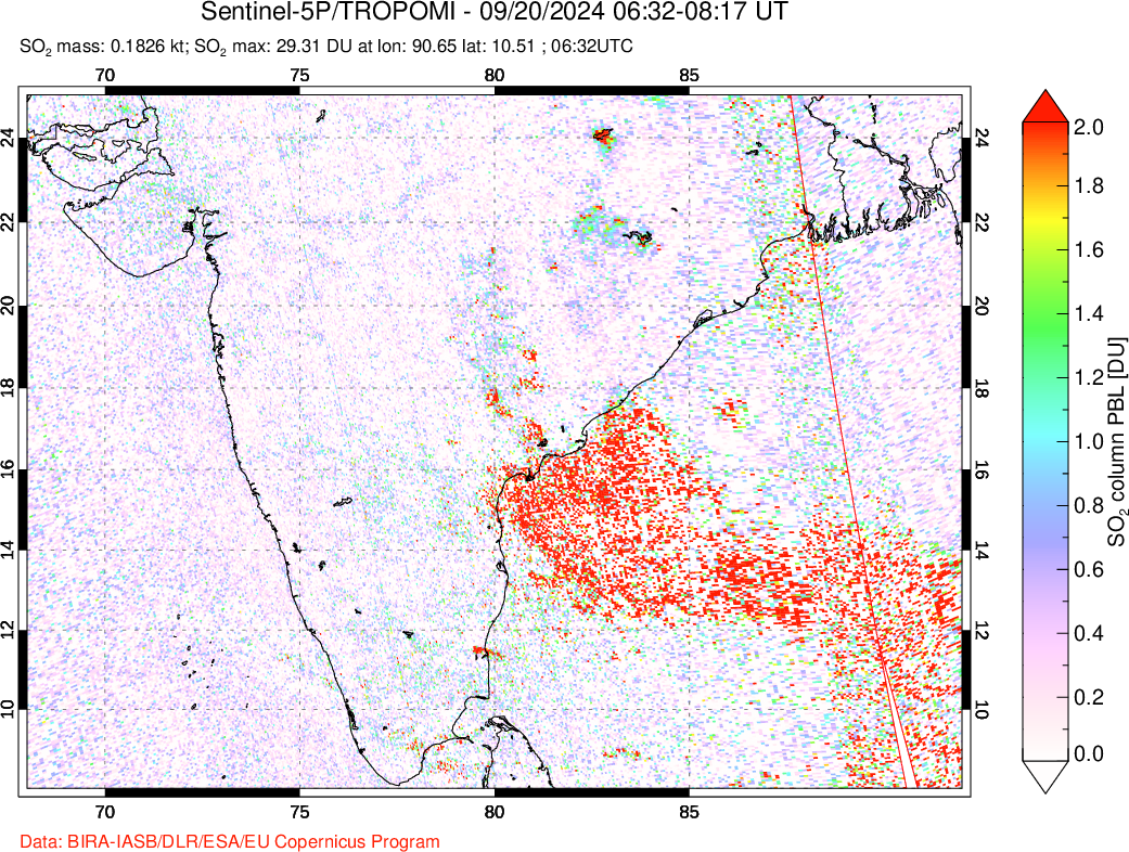 A sulfur dioxide image over India on Sep 20, 2024.