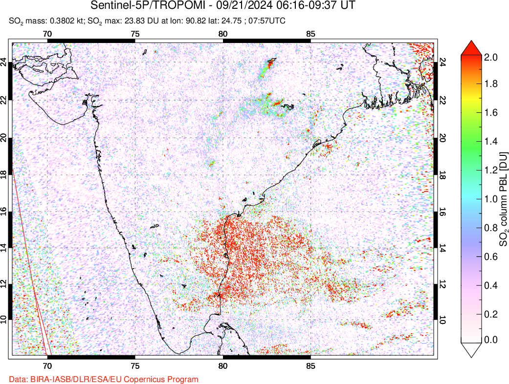 A sulfur dioxide image over India on Sep 21, 2024.