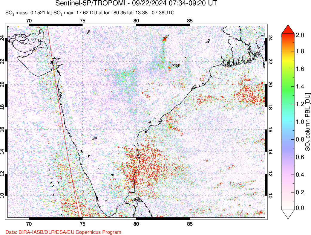 A sulfur dioxide image over India on Sep 22, 2024.