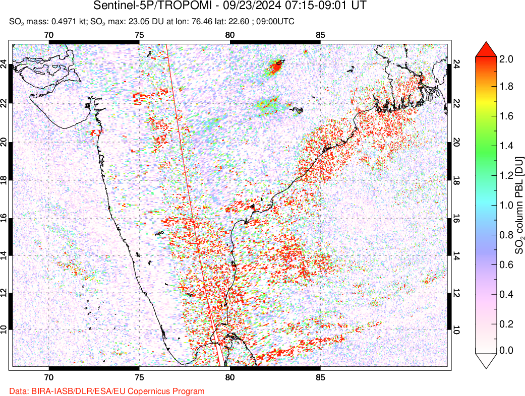 A sulfur dioxide image over India on Sep 23, 2024.