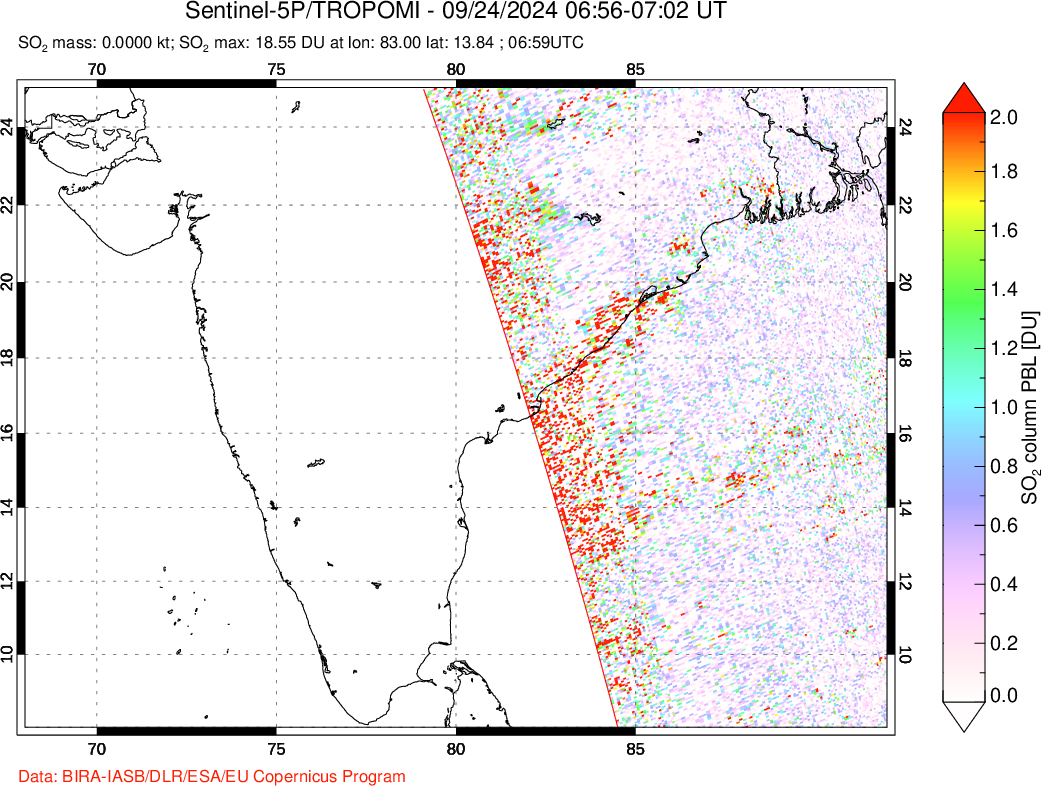 A sulfur dioxide image over India on Sep 24, 2024.